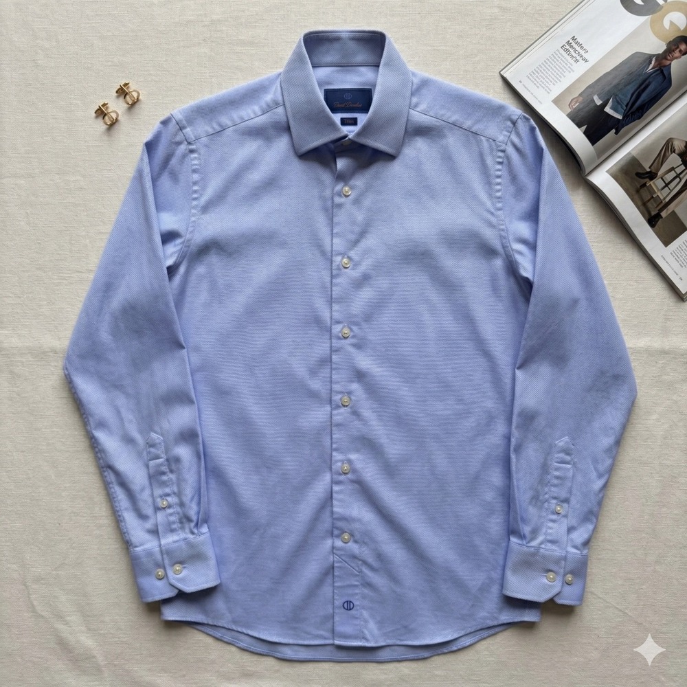 David Donahue Mens Trim Fit Dress Shirt Blue 100% Cotton 15 32/33 Spread Woven